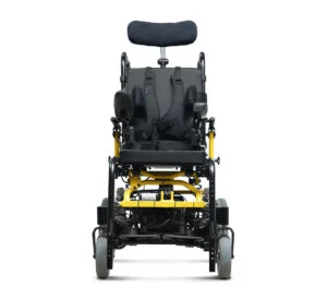 Front view of a powered wheelchair with a dark gray seat and yellow frame, seen head-on.